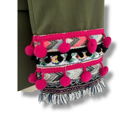 Olive Green Blazer Pom-Pom Fringe Cuffs Pockets Size M All-Season Office Jacket - Picture 4 of 10